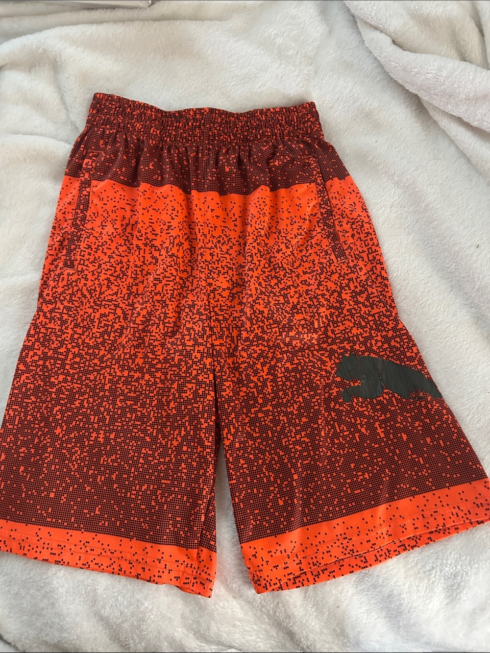 Boys Puma Orange and Black Pixel-Print Athletic Shorts